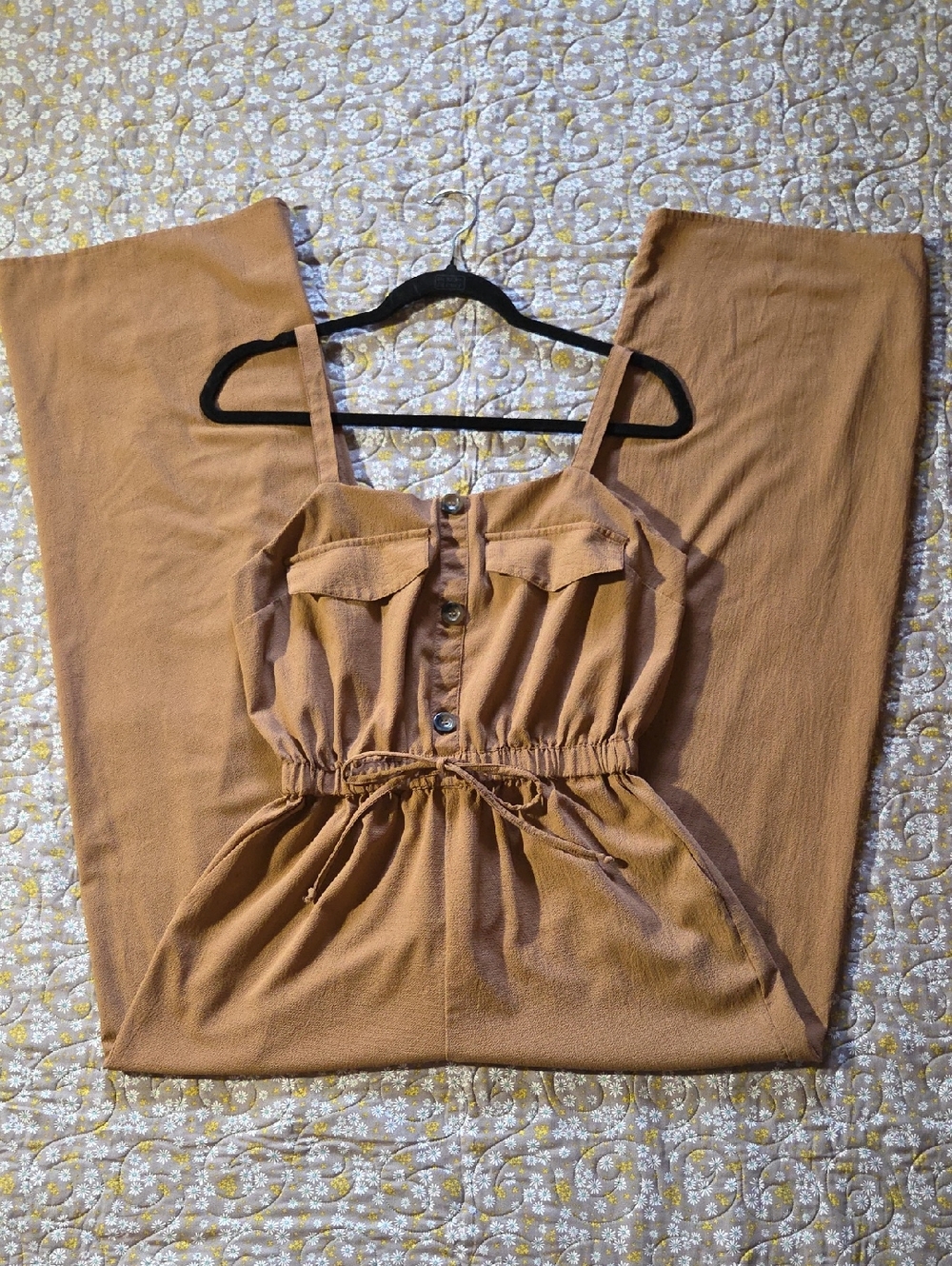 Women’s Tan Wide-Leg Jumpsuit with Button Front